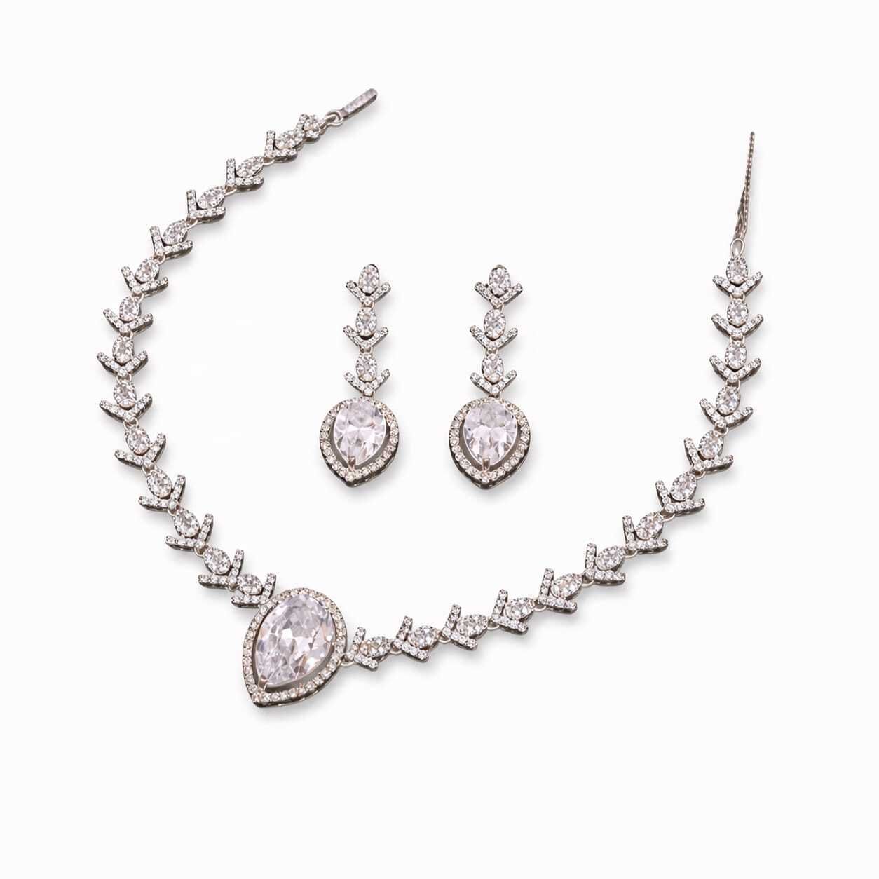 Silver CZ Diamond Teardrop Necklace & Earring Set