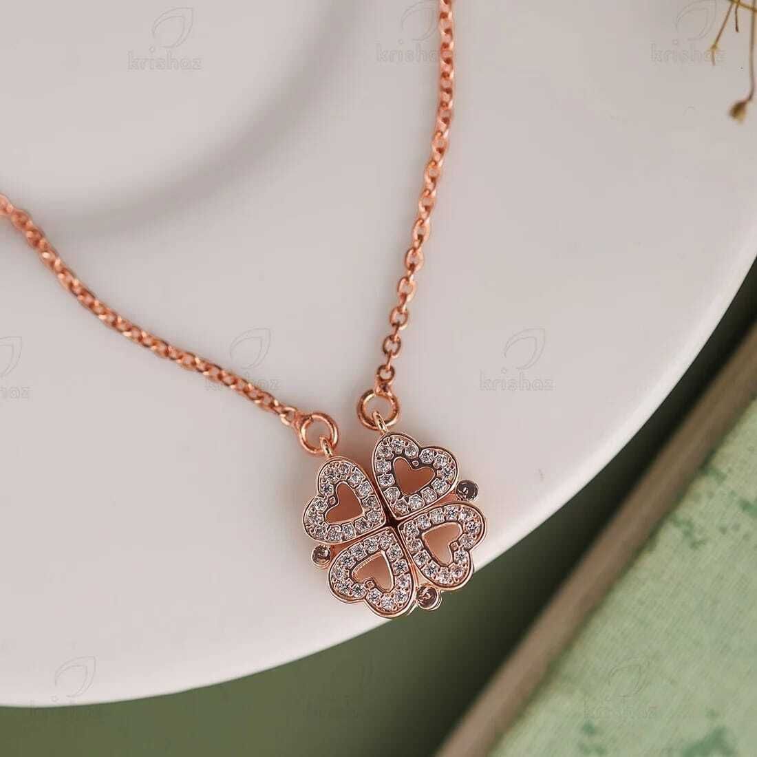 Rose Gold Four-Leaf Clover Heart CZ Pendant Necklace