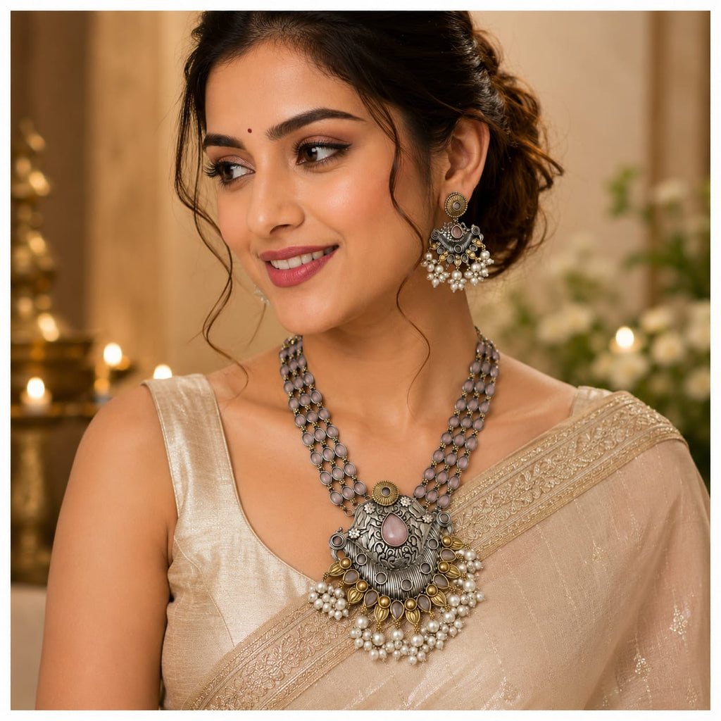 Oxidised Dual Tone Pink Stone Long Necklace Set with Jhumka Earrings