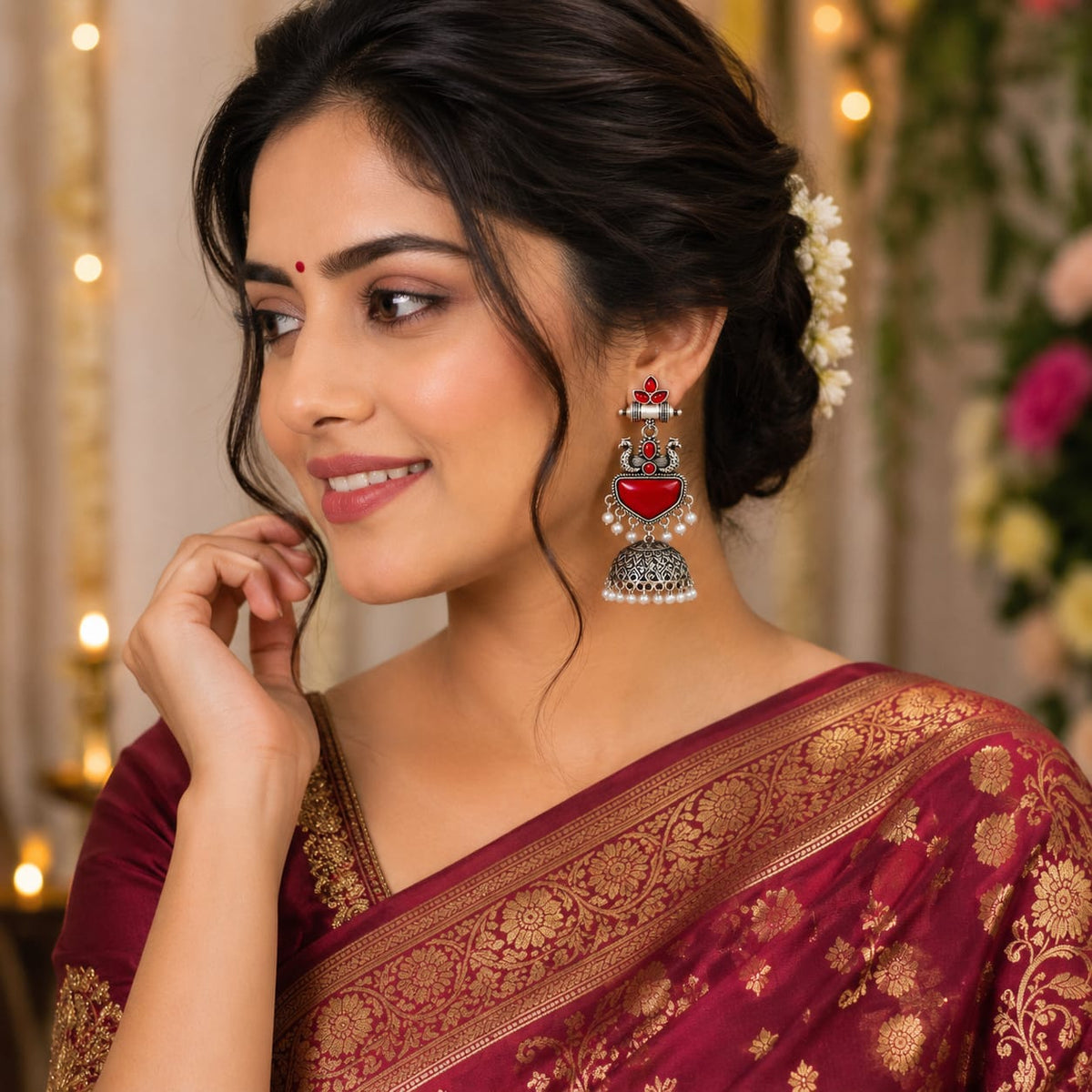 Oxidised Silver Peacock Jhumka with Red Stones & Pearl Drops