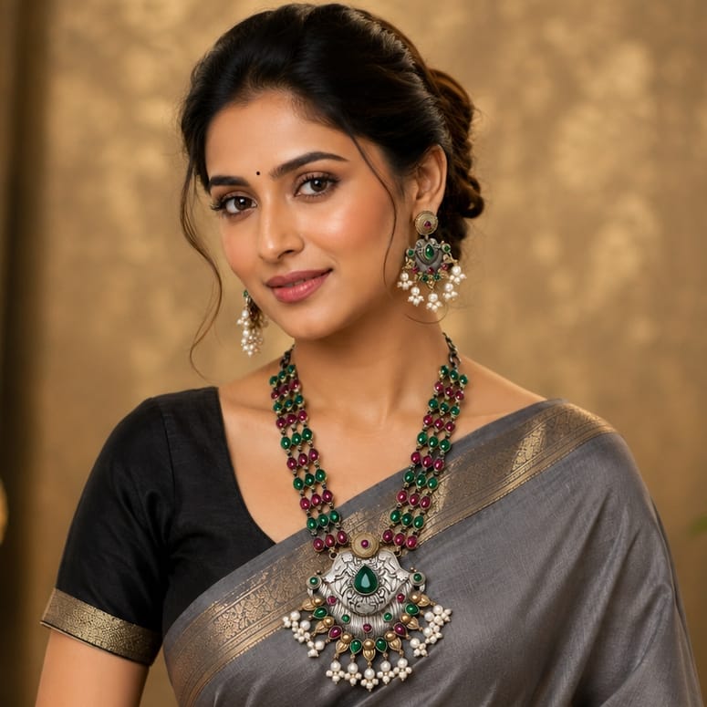 Oxidised Dual Tone Ruby & Emerald Gemstone Long Necklace Set with Jhumka Earrings