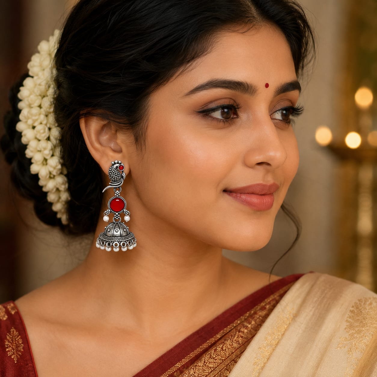Oxidised Silver Parrot Jhumka Earrings with Red Stone & Pearl Drops