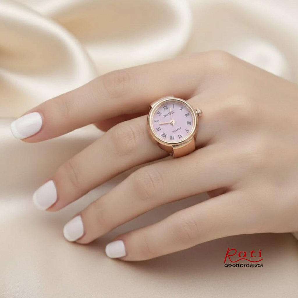Rose Gold CZ Bezel Quartz Ring Watch – Roman Numeral Dial