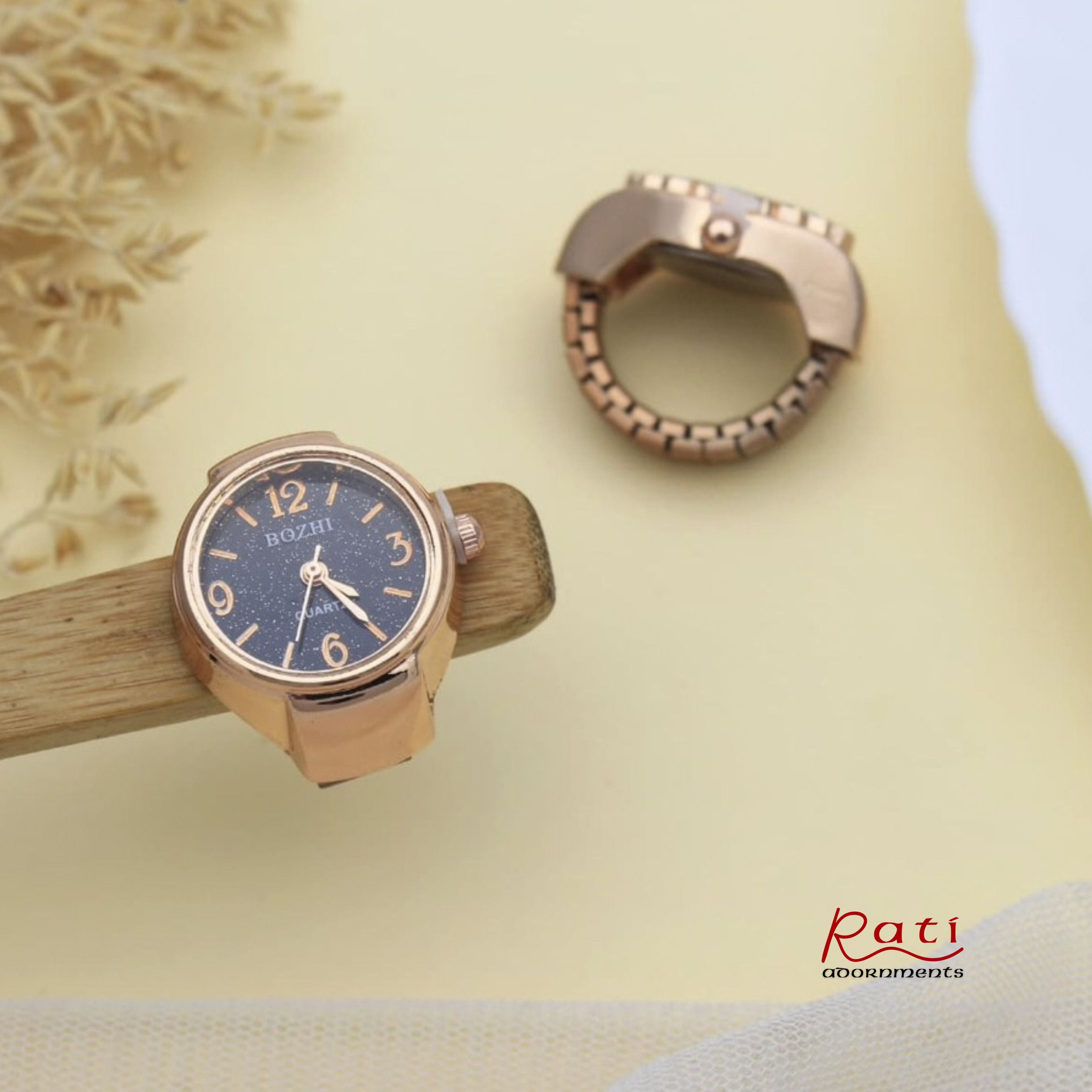 BOZHI Rose Gold Watch Ring – Blue Starry Dial Quartz