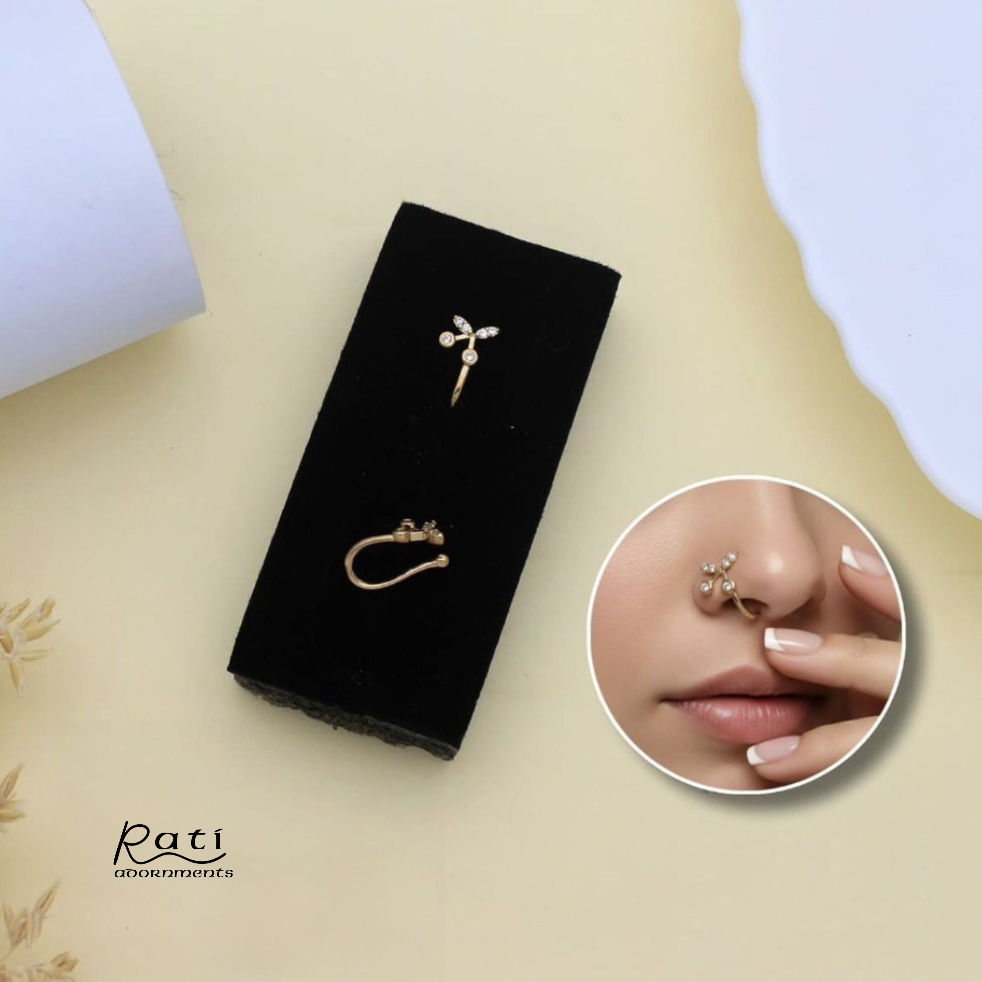 Gold Floral Branch Nose Pin with CZ Stones