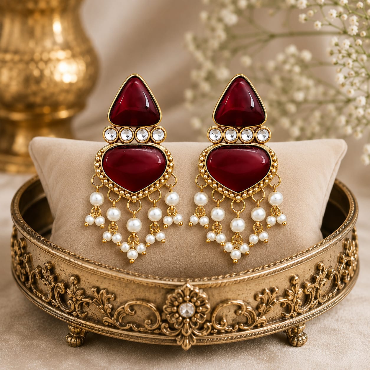 Gold Tone Ruby Cabochon Drop Earrings with Kundan & Pearl Tassels