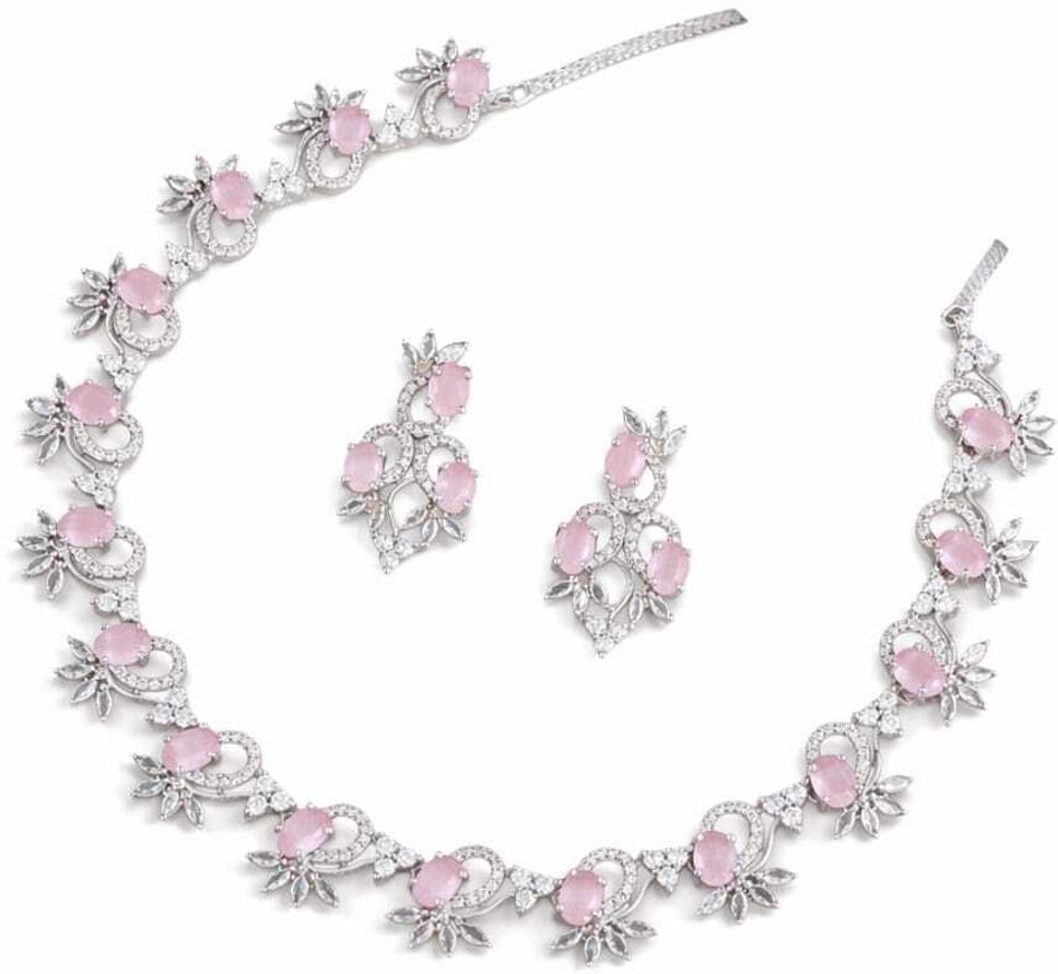 Pink Rose Quartz & CZ Diamond Floral Necklace & Earrings Set