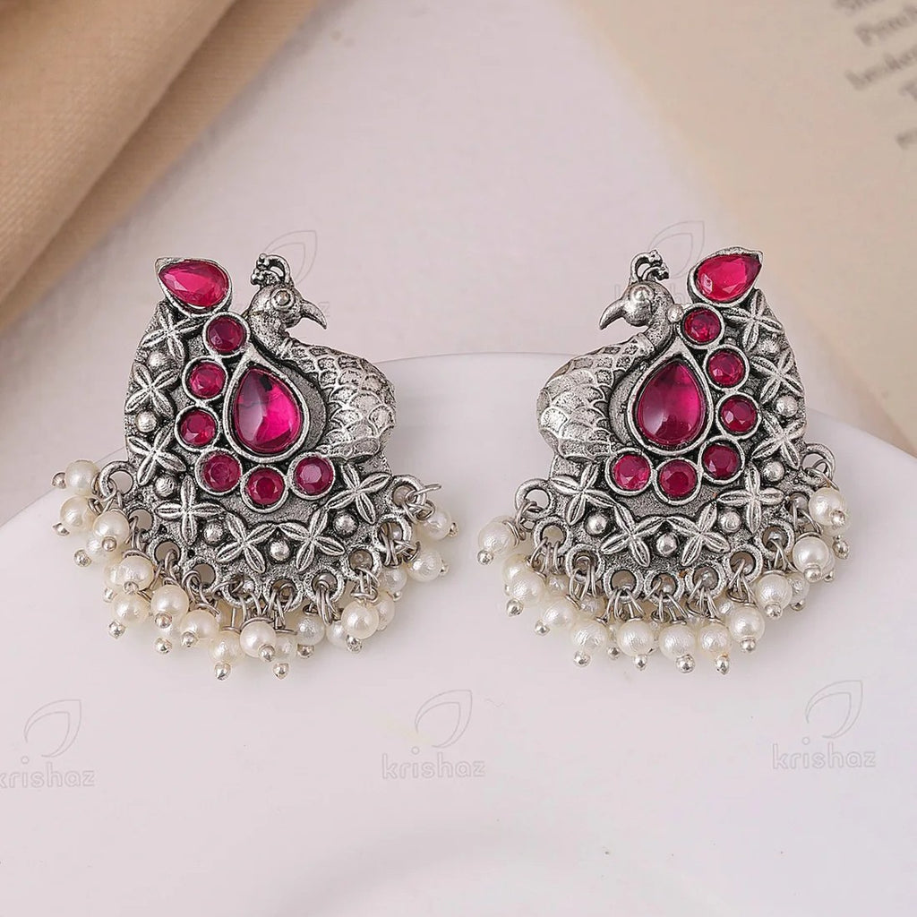 Oxidised Silver Peacock Earrings with Ruby Stones & Pearl Drops