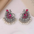 Oxidised Silver Peacock Earrings with Ruby Stones & Pearl Drops