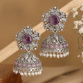 Oxidised Silver Ganesha Jhumki Earrings with Amethyst Stone & Pearl Drops