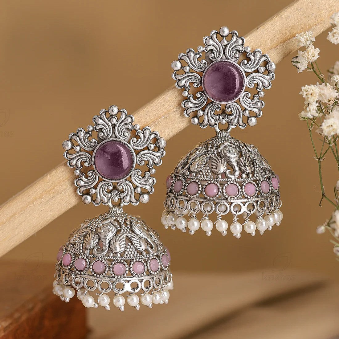 Oxidised Silver Ganesha Jhumki Earrings with Amethyst Stone & Pearl Drops
