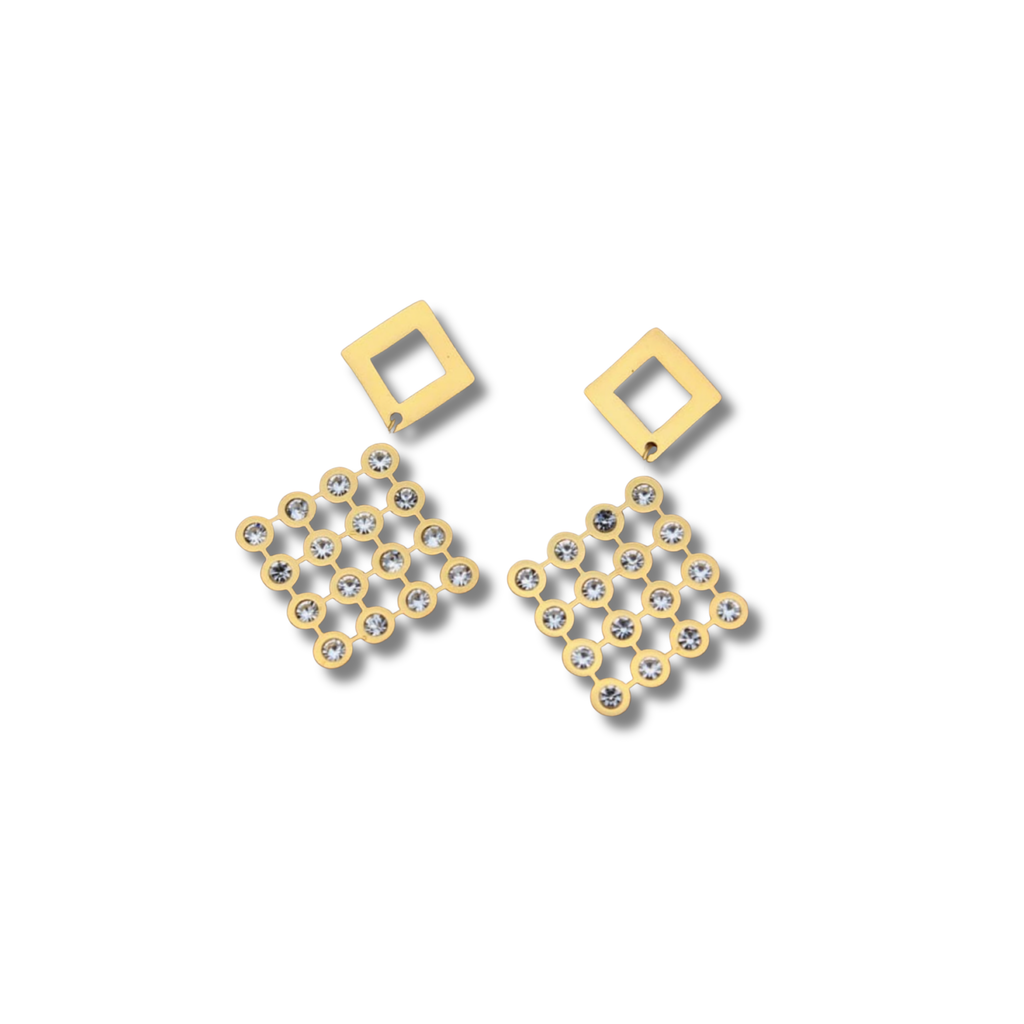 Gold CZ Grid Square Drop Earrings – Geometric Diamond Dangles