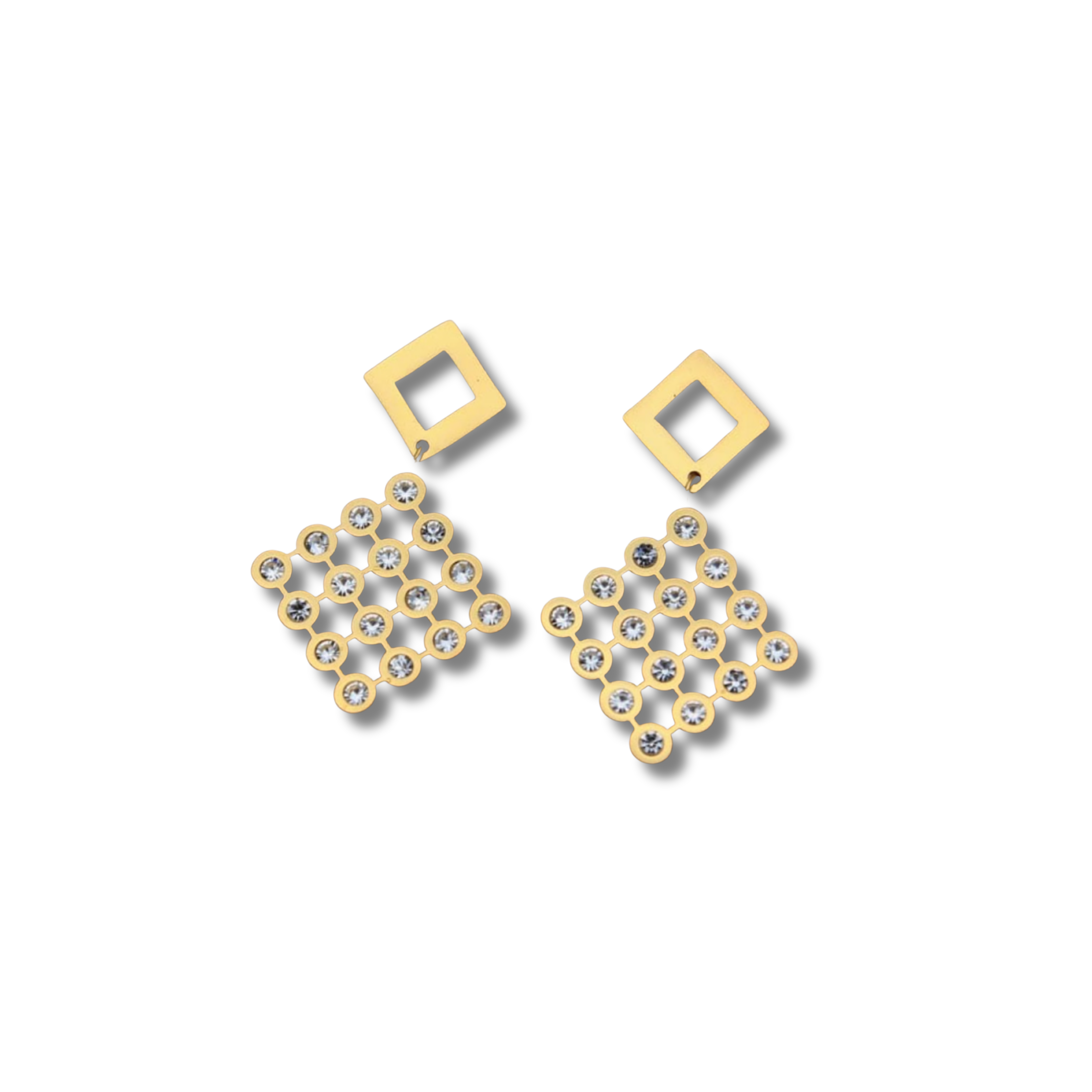 Gold CZ Grid Square Drop Earrings – Geometric Diamond Dangles