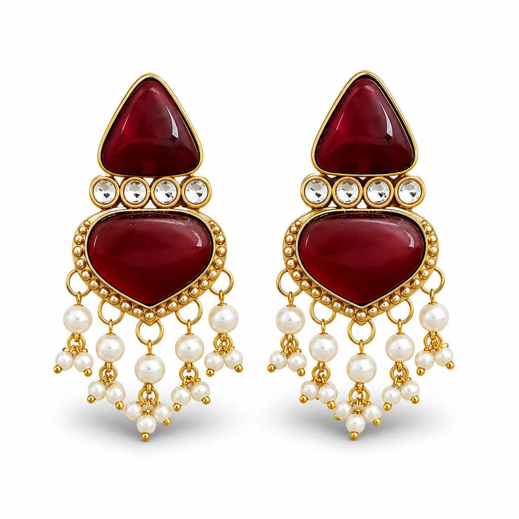Gold Tone Ruby Cabochon Drop Earrings with Kundan & Pearl Tassels