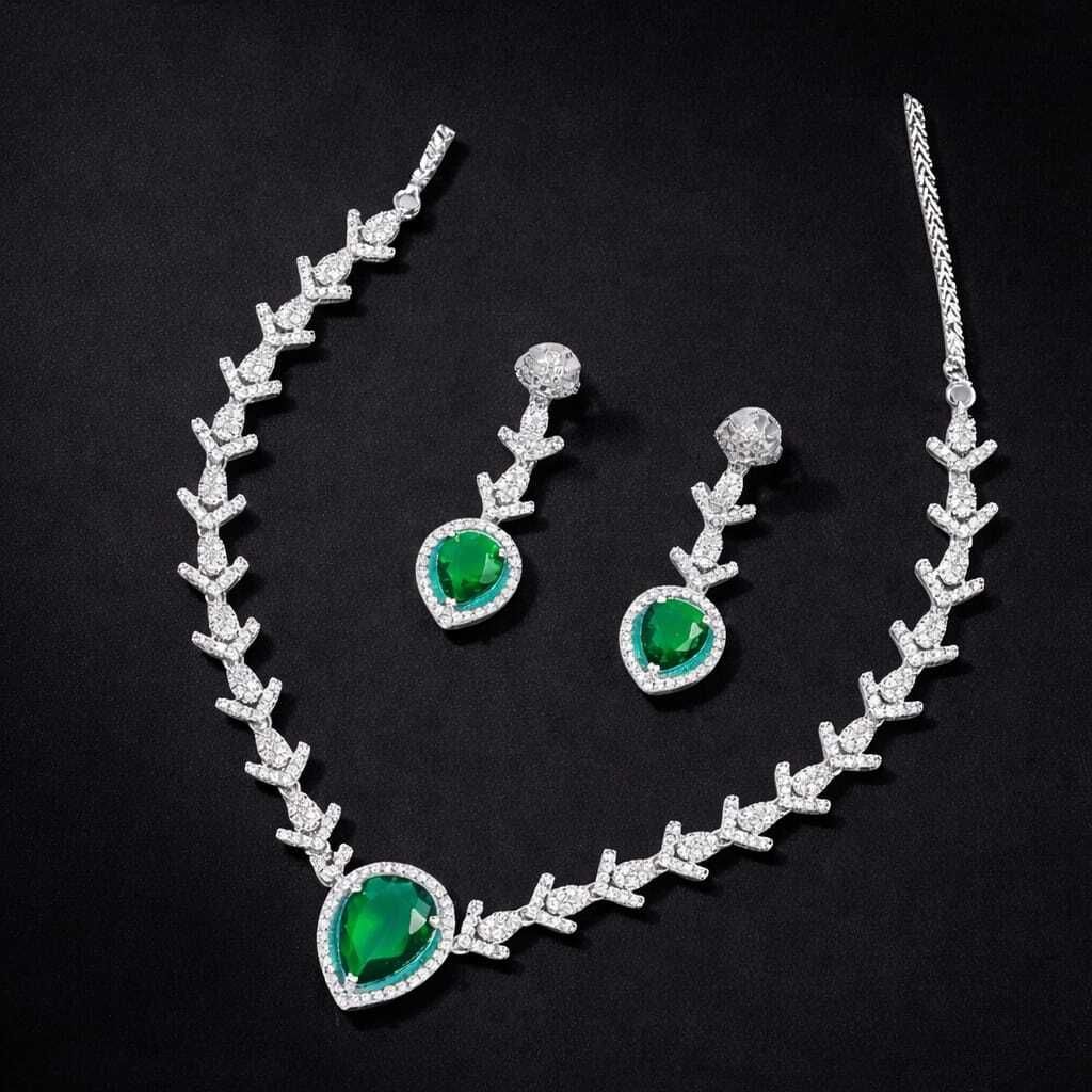 Emerald Green & CZ Diamond Teardrop Necklace & Earring Set