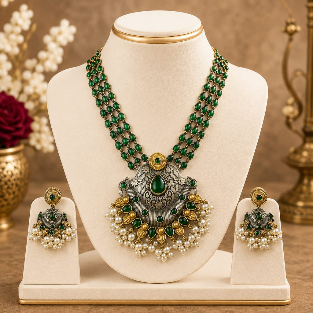 Oxidised Dual Tone Green Stone Long Necklace Set with Jhumka Earrings