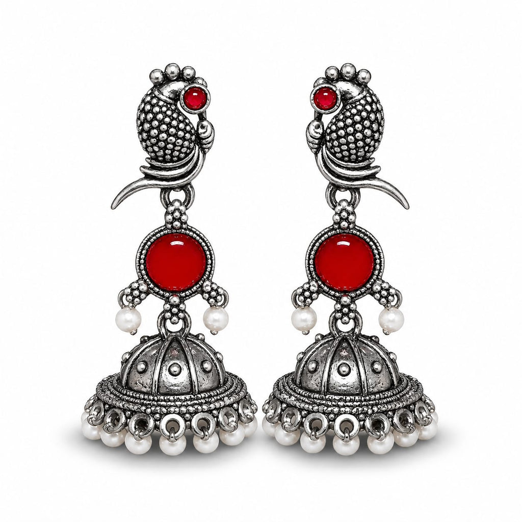 Oxidised Silver Parrot Jhumka Earrings with Red Stone & Pearl Drops