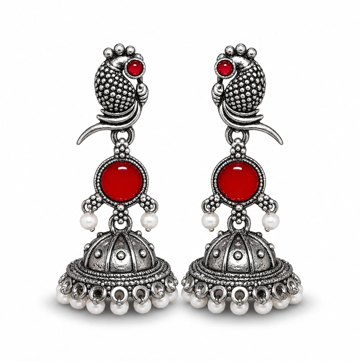 Oxidised Silver Parrot Jhumka Earrings with Red Stone & Pearl Drops