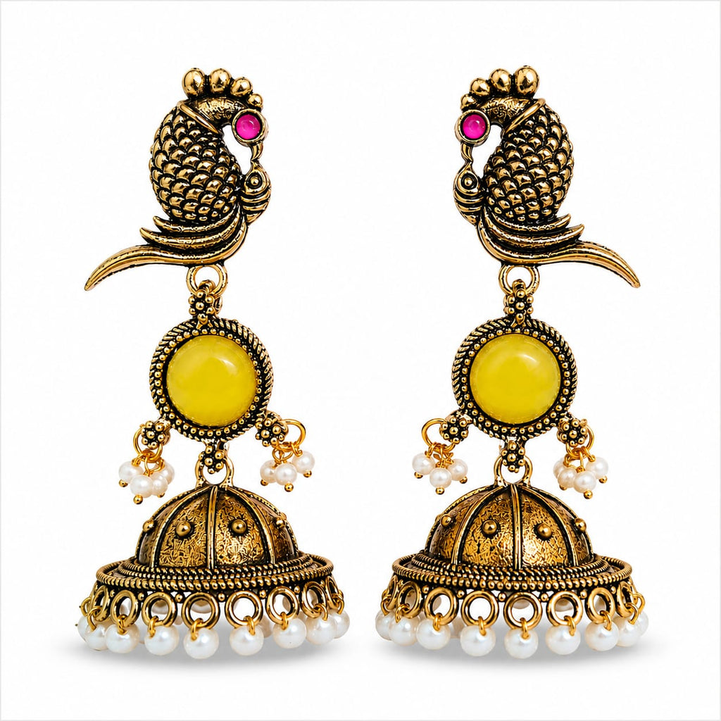 Antique Gold Parrot Jhumka Earrings with Yellow Stone & Pearl Drops