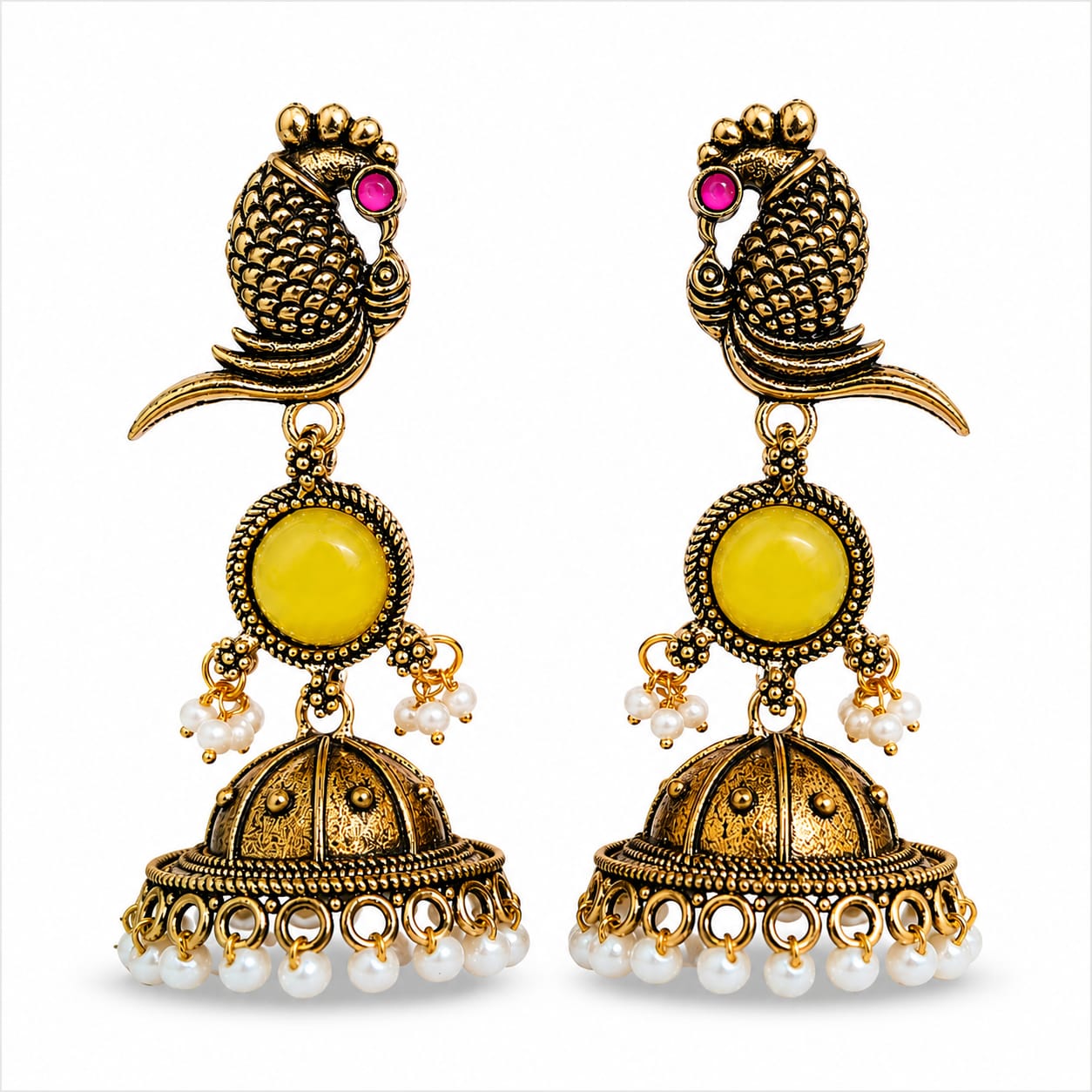 Antique Gold Parrot Jhumka Earrings with Yellow Stone & Pearl Drops
