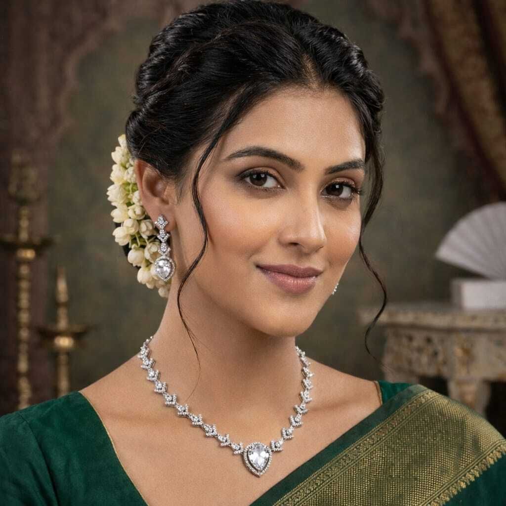 Silver CZ Diamond Teardrop Necklace & Earring Set