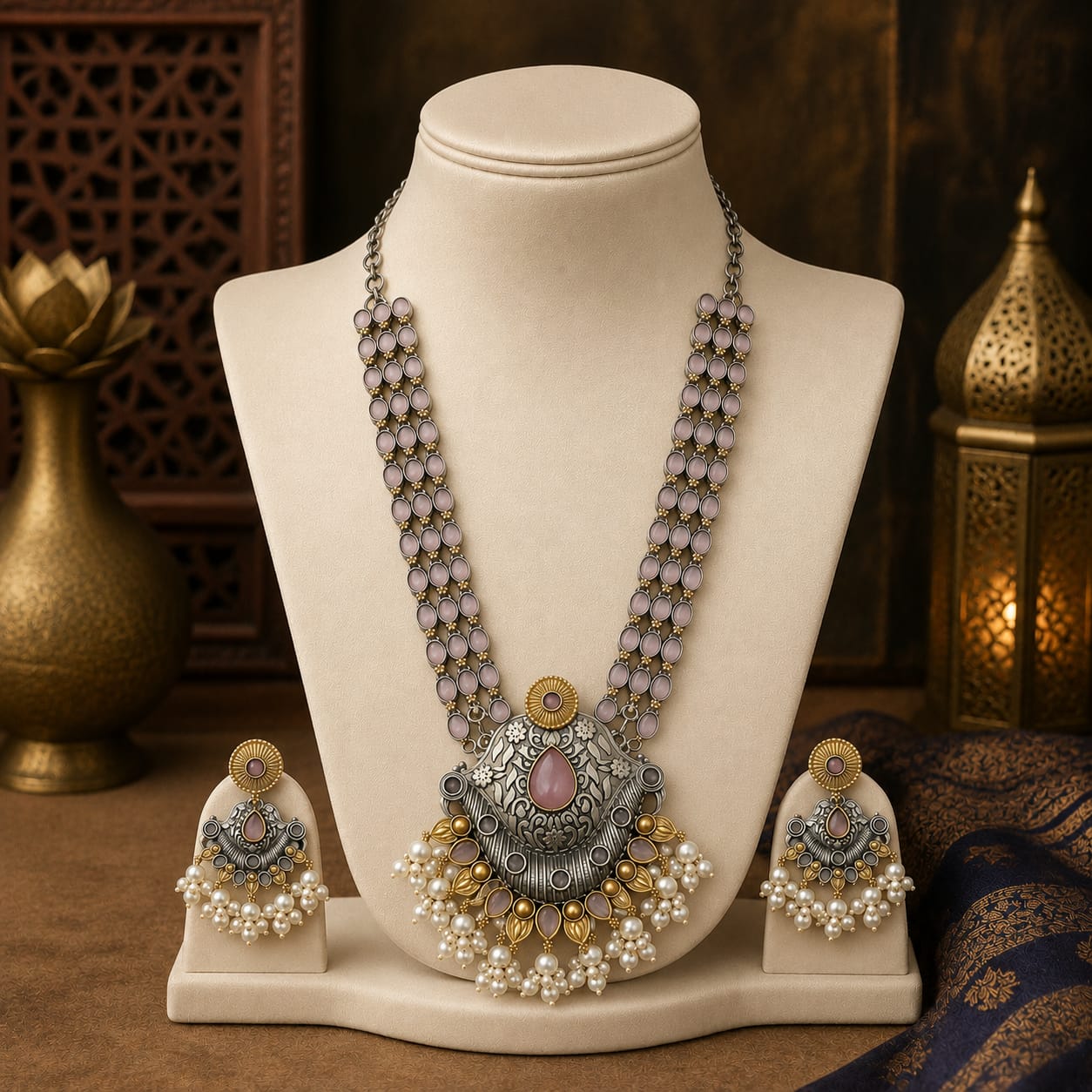 Oxidised Dual Tone Pink Stone Long Necklace Set with Jhumka Earrings