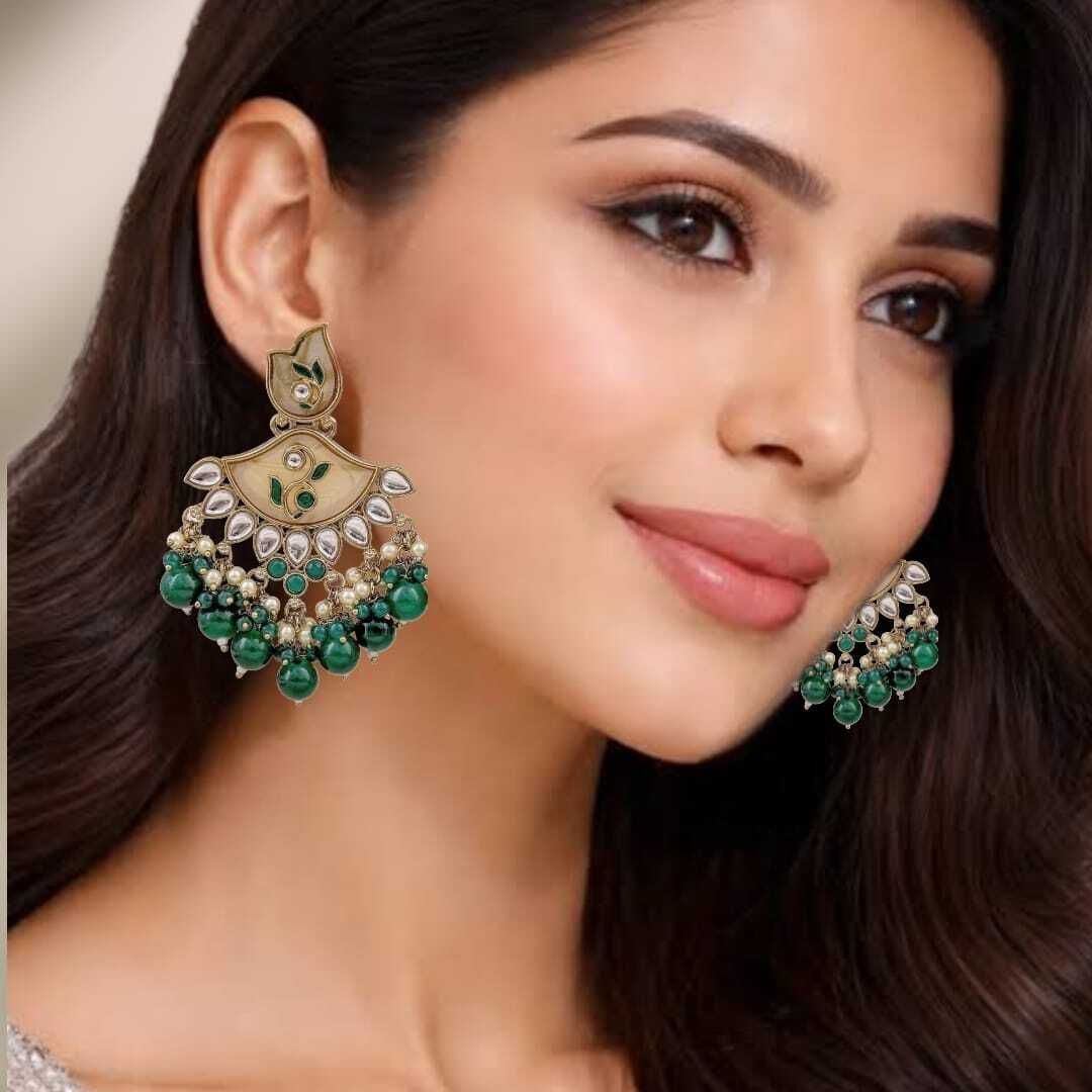 Kundan Chandbali Earrings with Emerald Green Beads & Pearl Drops