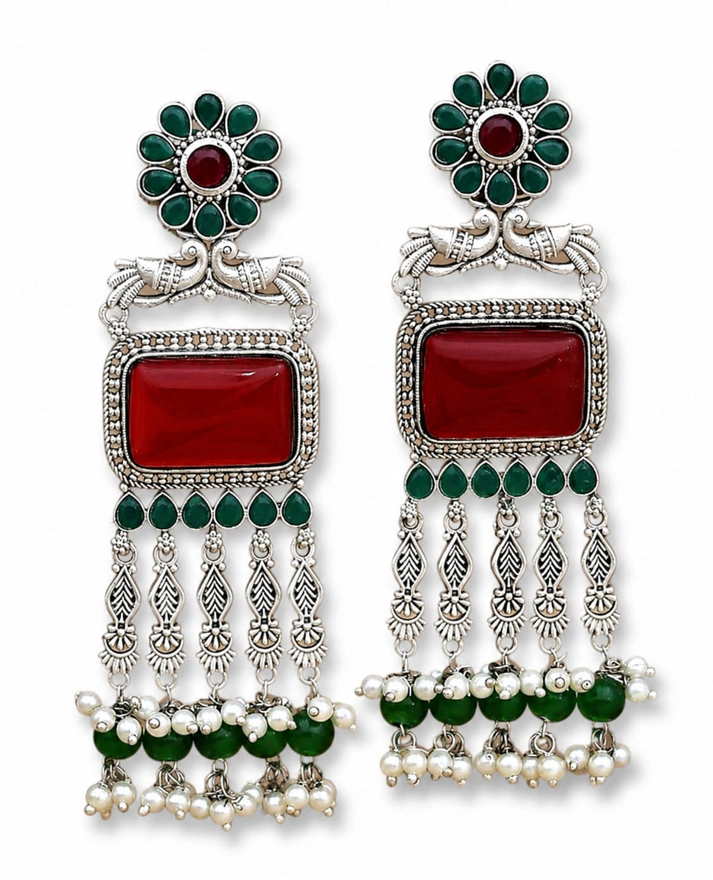 Oxidised Silver Peacock Chandbali with Red Onyx & Emerald Pearl Drops