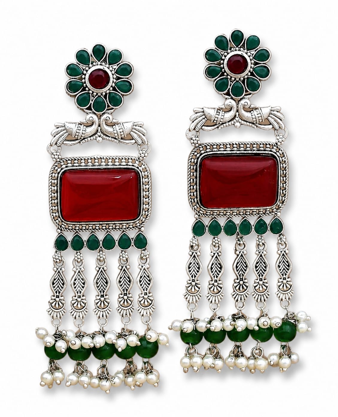 Oxidised Silver Peacock Chandbali with Red Onyx & Emerald Pearl Drops