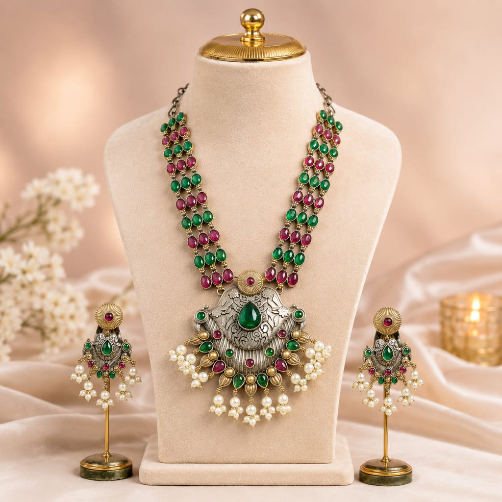 Oxidised Dual Tone Ruby & Emerald Gemstone Long Necklace Set with Jhumka Earrings