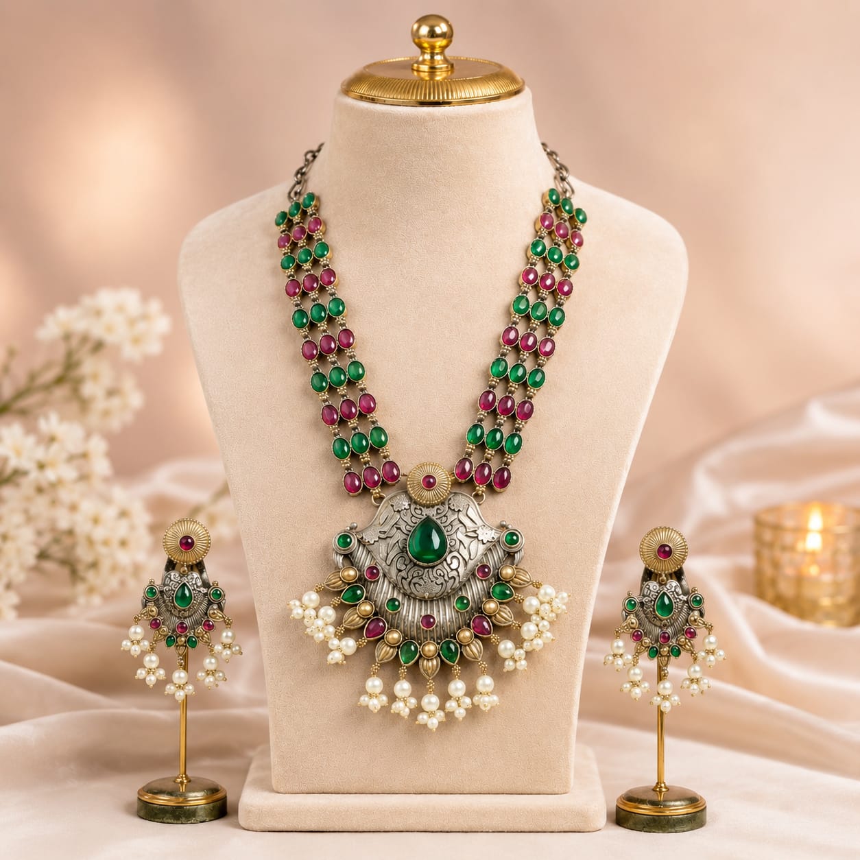 Oxidised Dual Tone Ruby & Emerald Gemstone Long Necklace Set with Jhumka Earrings