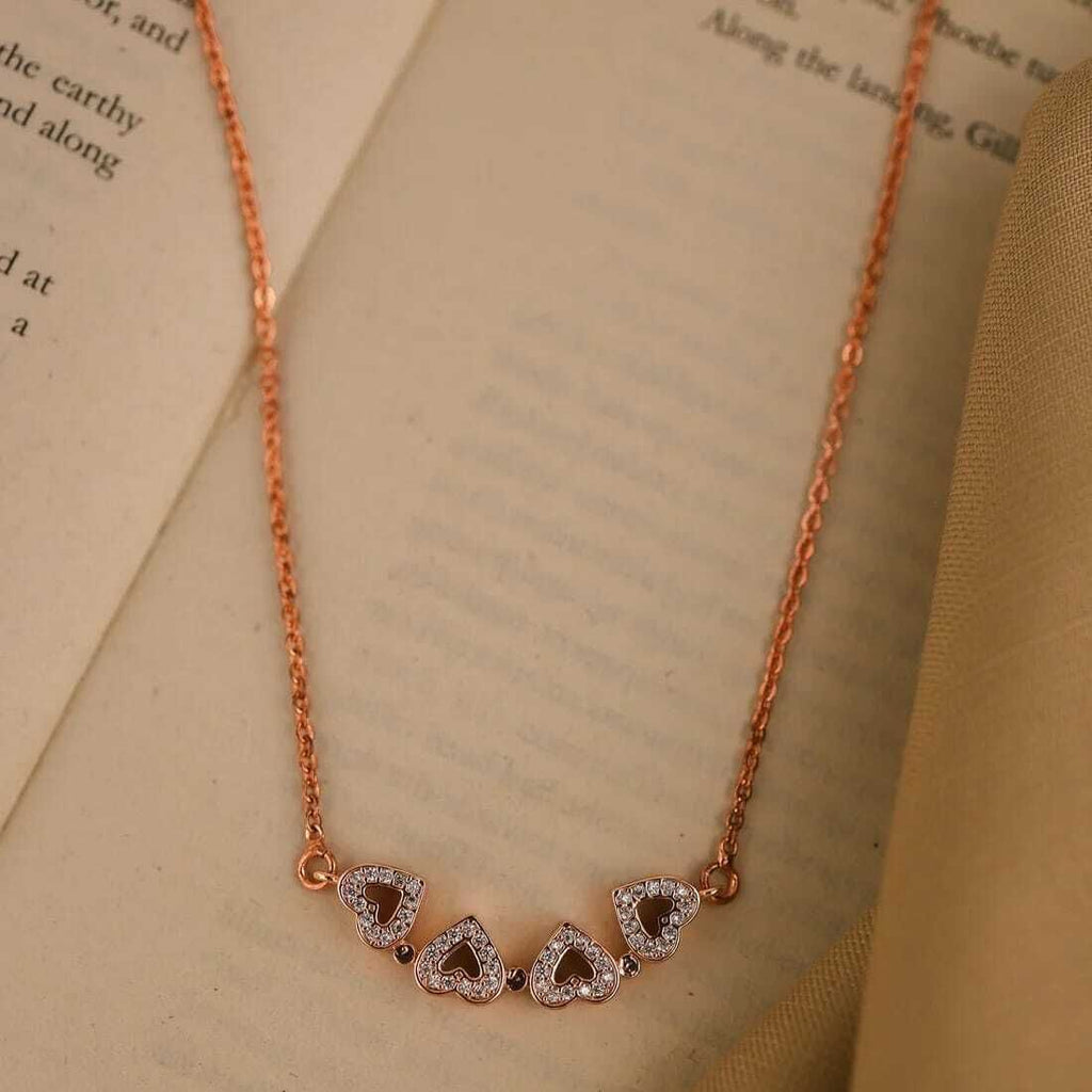 Rose Gold Four-Leaf Clover Heart CZ Pendant Necklace
