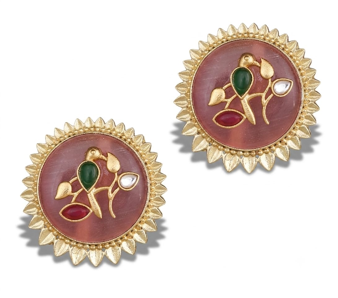 Gold-Tone Floral Bird Stud Earrings with Ruby, Emerald & Kundan Stones