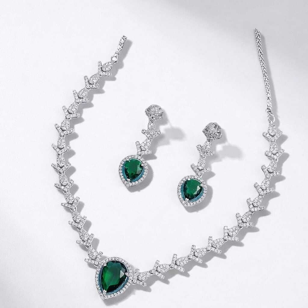 Emerald Green & CZ Diamond Teardrop Necklace & Earring Set