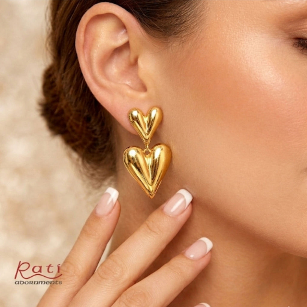 Gold Double Heart Drop Earrings