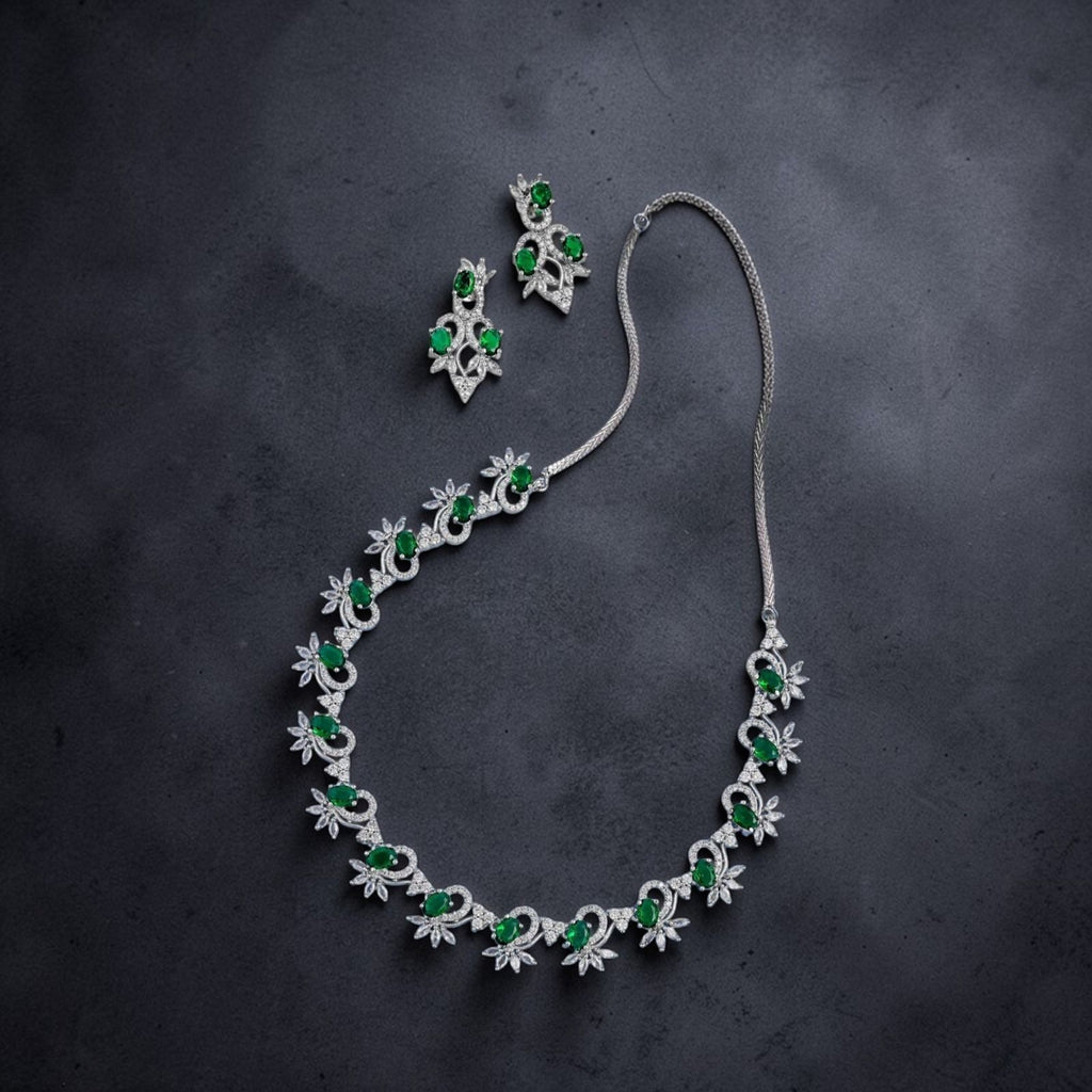 Emerald Green & CZ Diamond Floral Necklace & Earrings Set