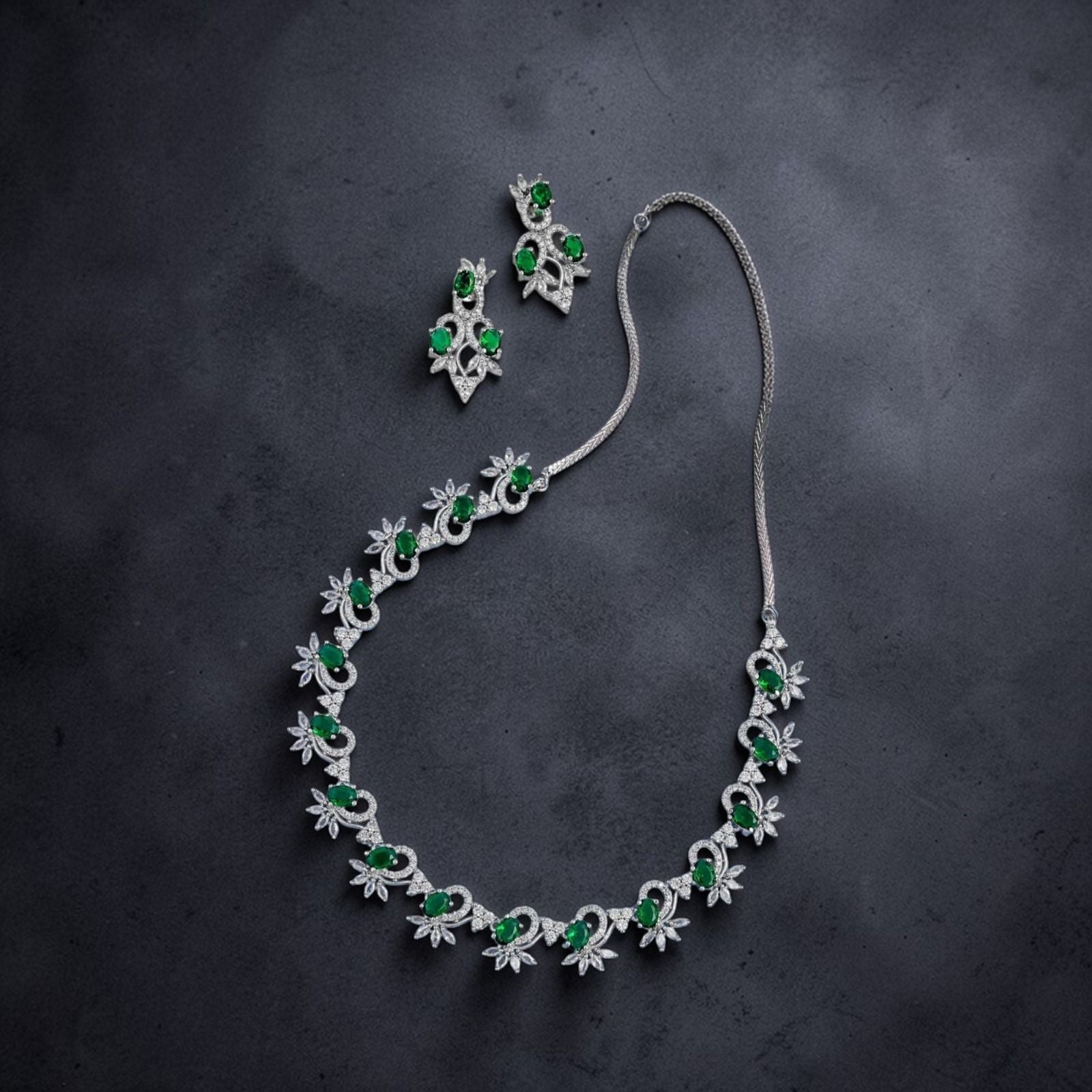Emerald Green & CZ Diamond Floral Necklace & Earrings Set
