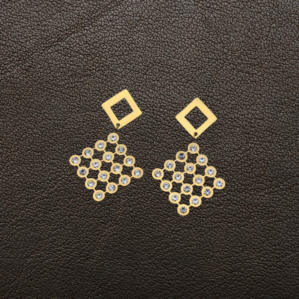 Gold CZ Grid Square Drop Earrings – Geometric Diamond Dangles