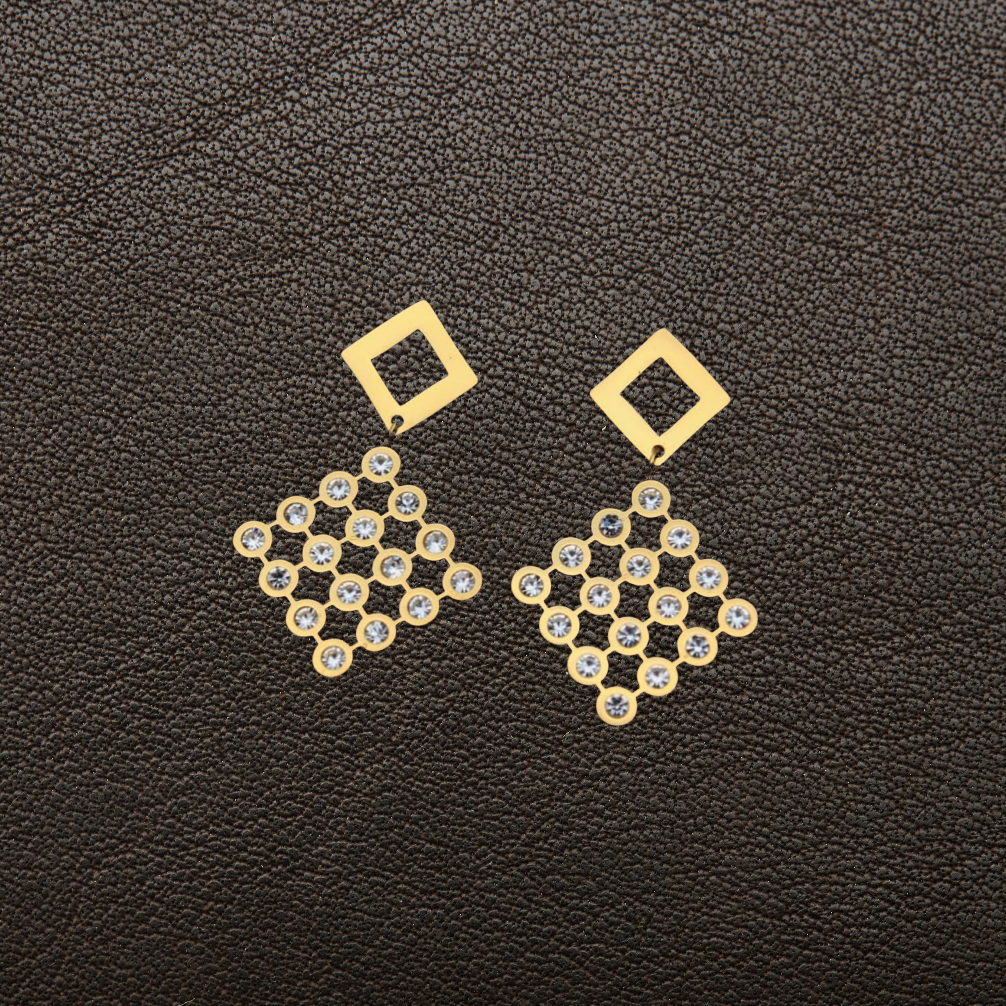 Gold CZ Grid Square Drop Earrings – Geometric Diamond Dangles