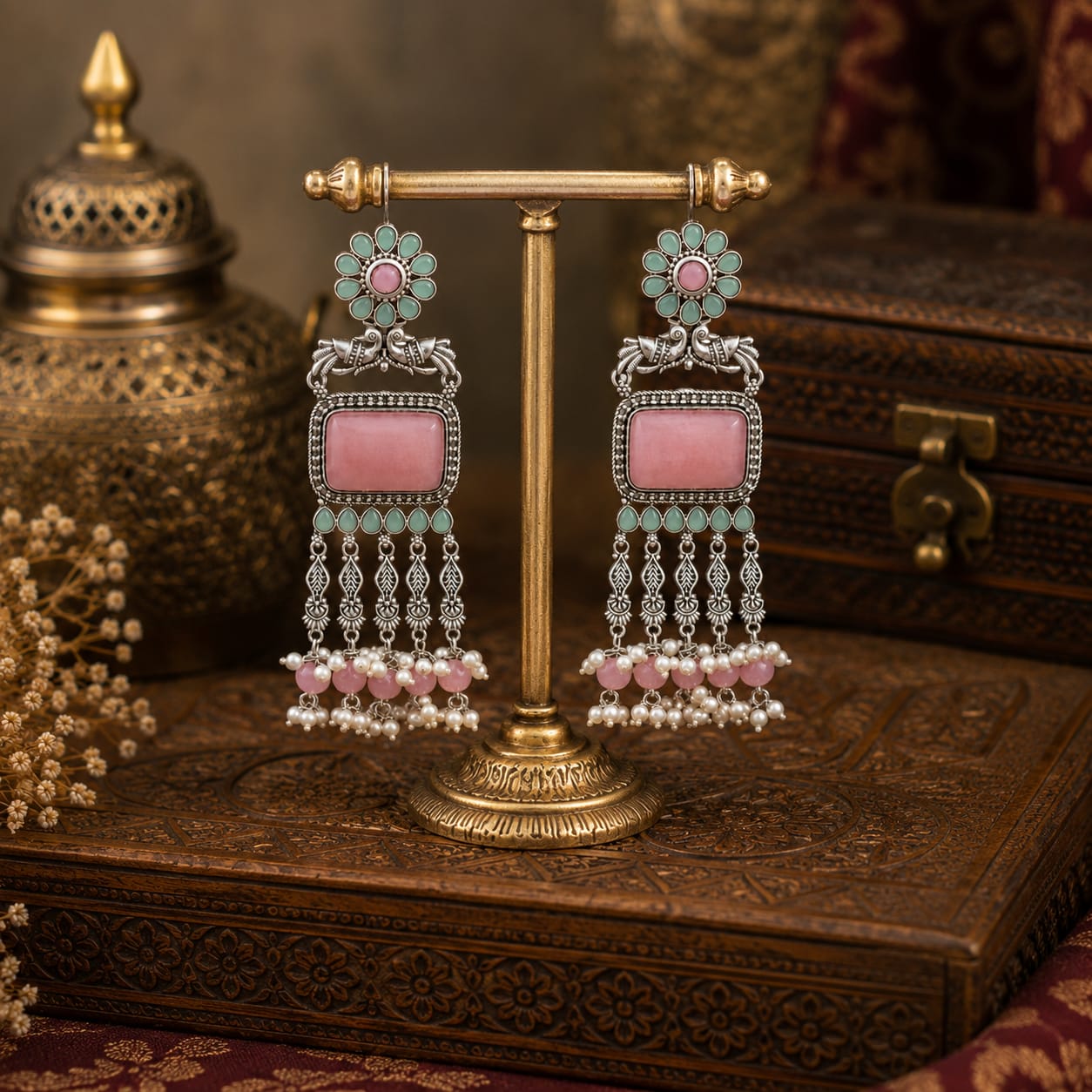 Oxidised Silver Peacock Chandbali with Rose Quartz & Mint Pearl Drops