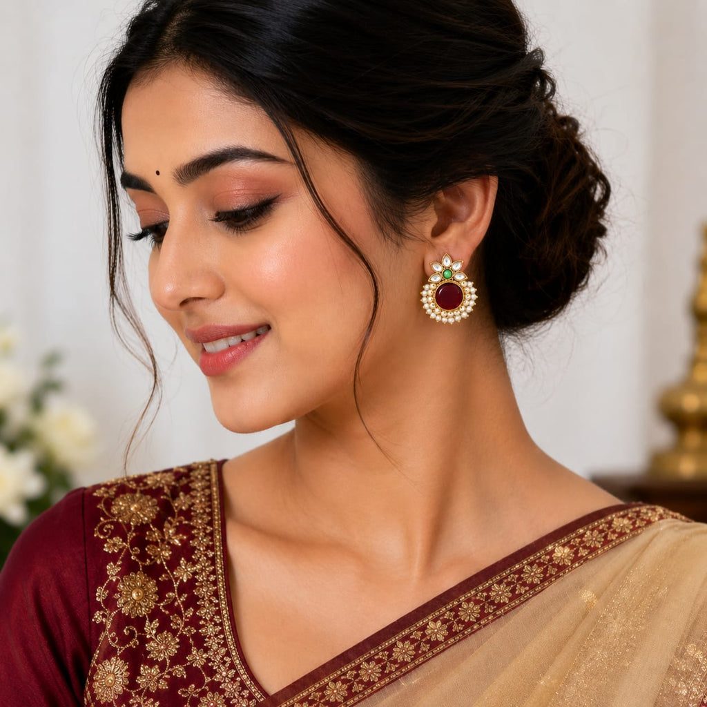 Gold Tone Kundan Stud Earrings with Ruby Centre & Pearl Cluster