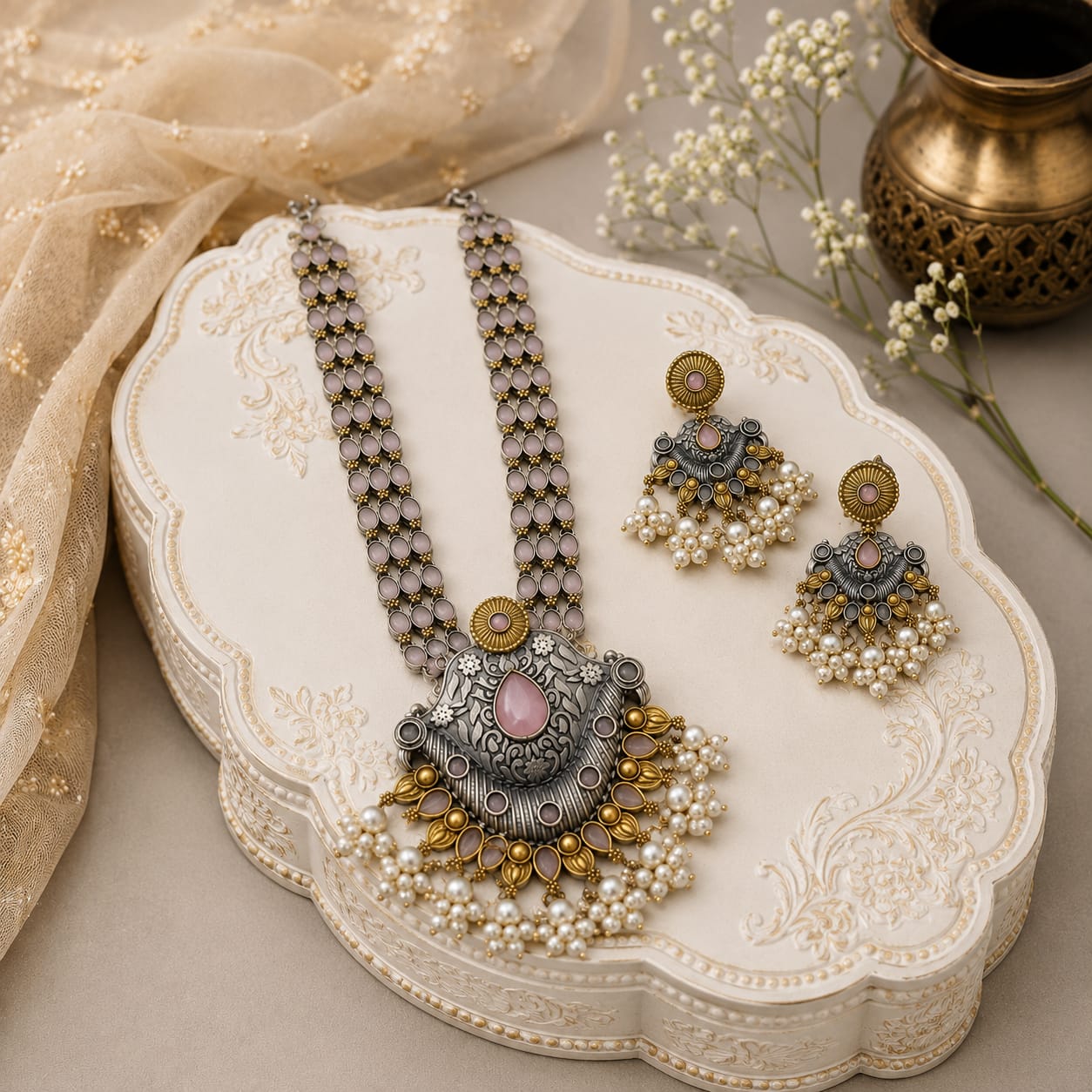 Oxidised Dual Tone Pink Stone Long Necklace Set with Jhumka Earrings