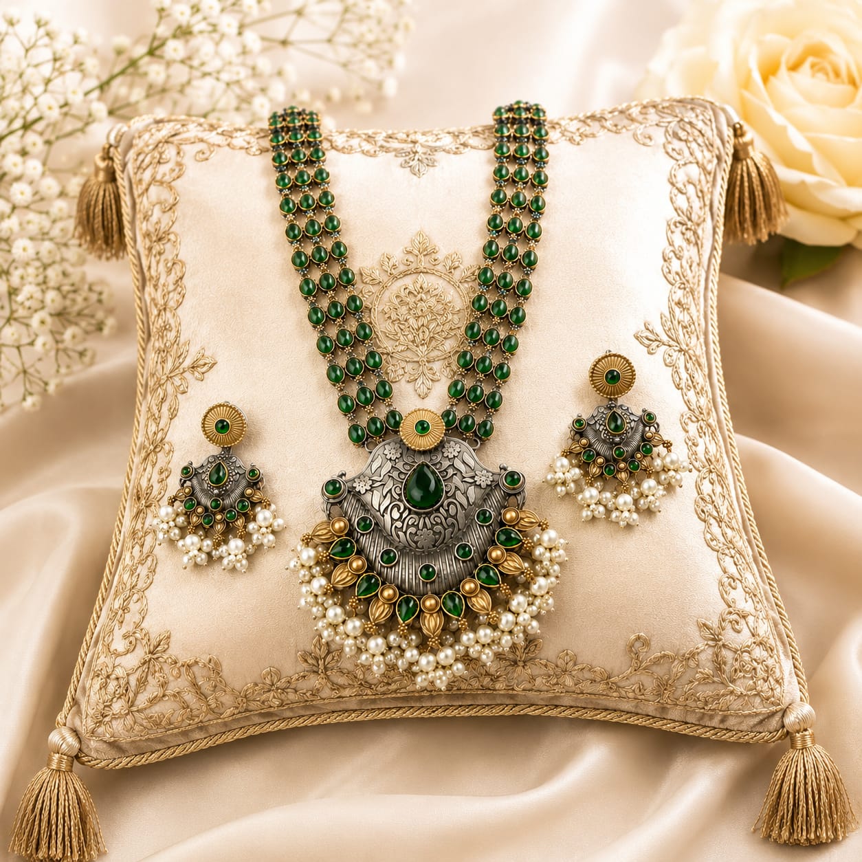 Oxidised Dual Tone Green Stone Long Necklace Set with Jhumka Earrings