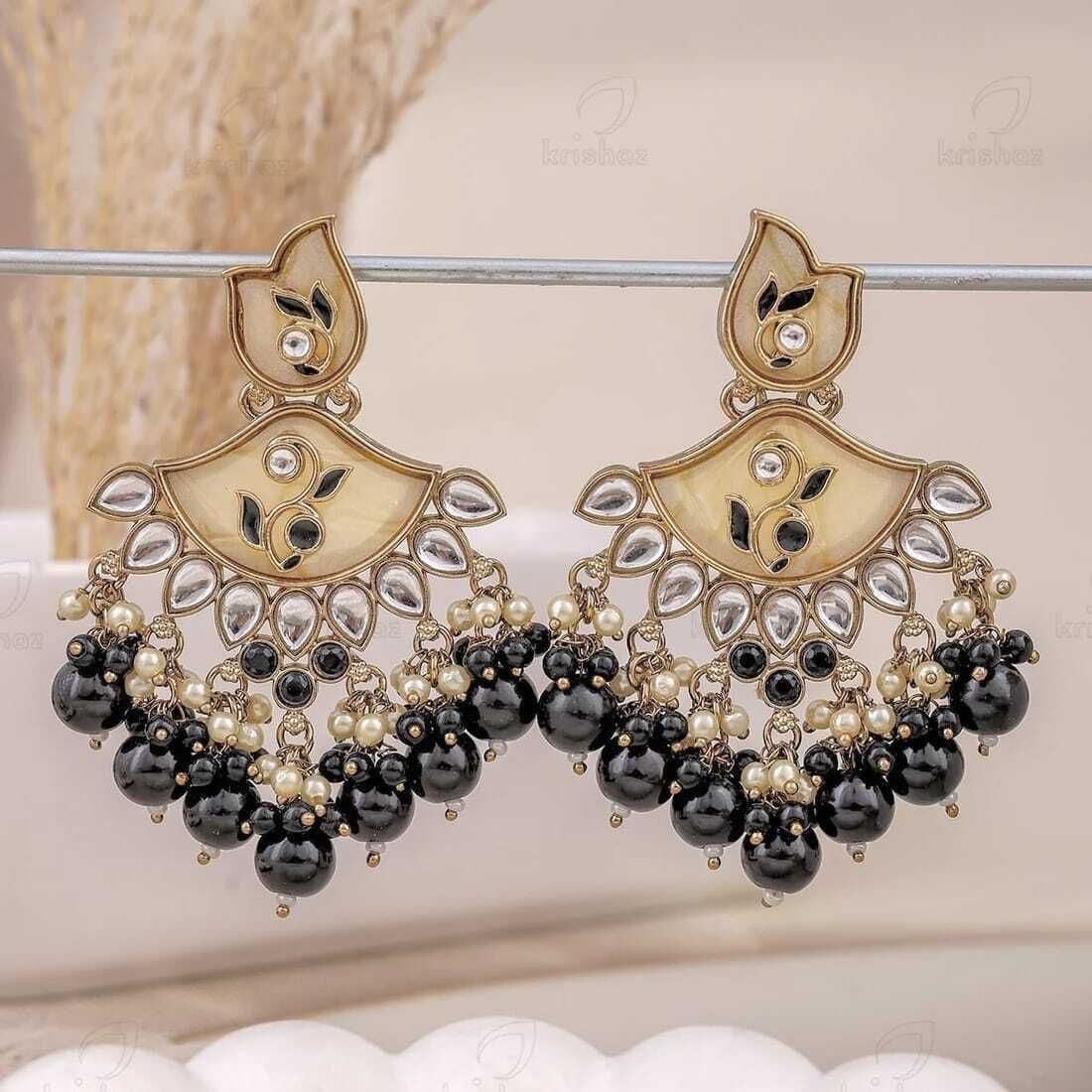 Kundan Chandbali Earrings with Black Onyx Beads & Pearl Drops