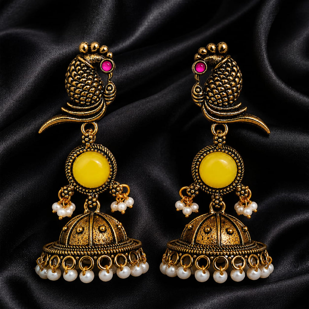 Antique Gold Parrot Jhumka Earrings with Yellow Stone & Pearl Drops
