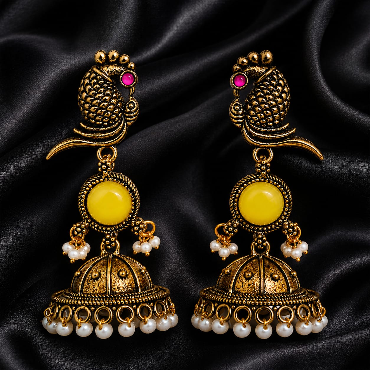 Antique Gold Parrot Jhumka Earrings with Yellow Stone & Pearl Drops