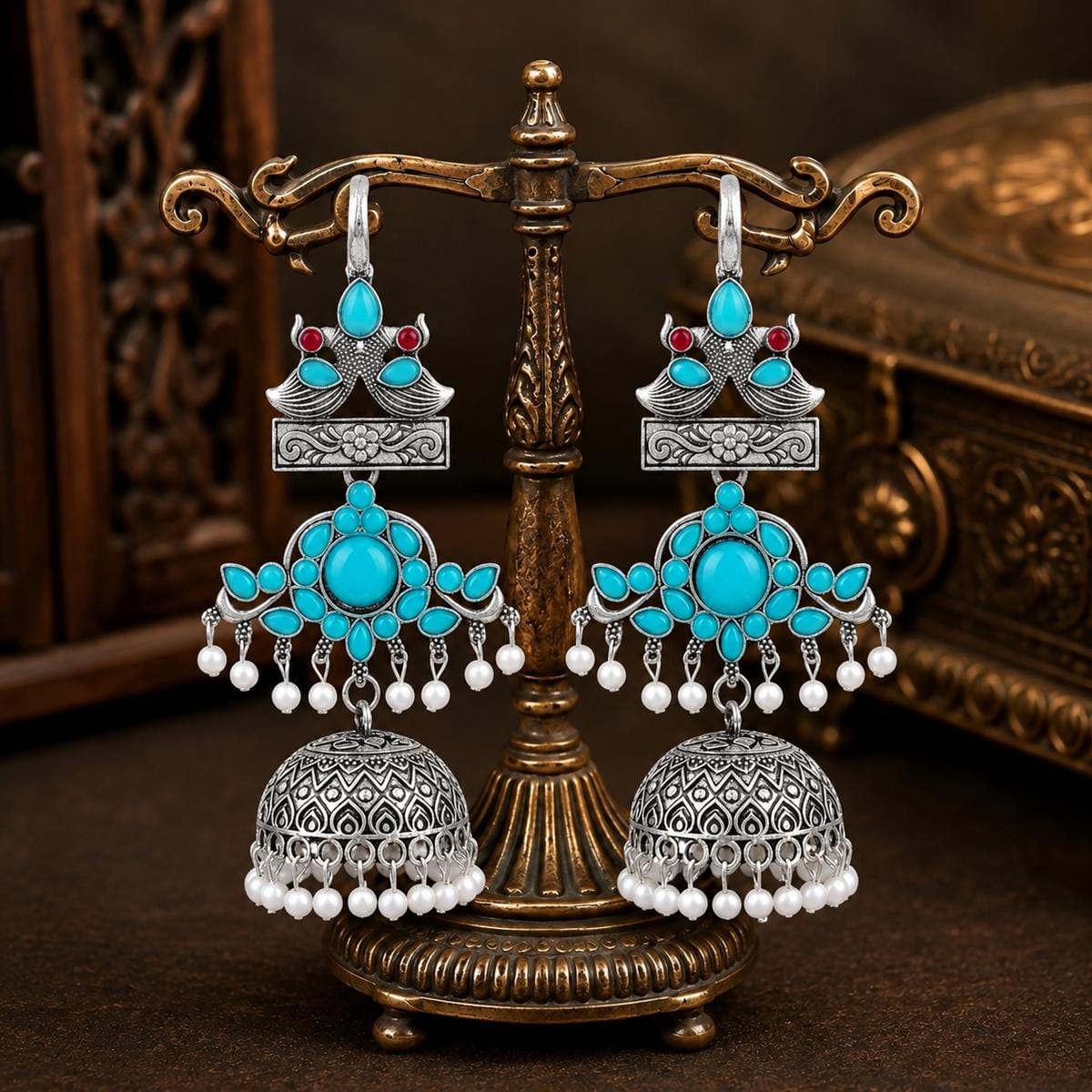 Turquoise Peacock Jhumka Earrings in Oxidised Silver