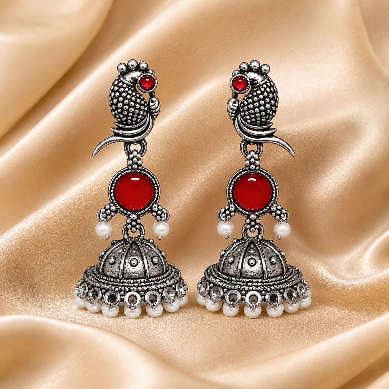 Oxidised Silver Parrot Jhumka Earrings with Red Stone & Pearl Drops
