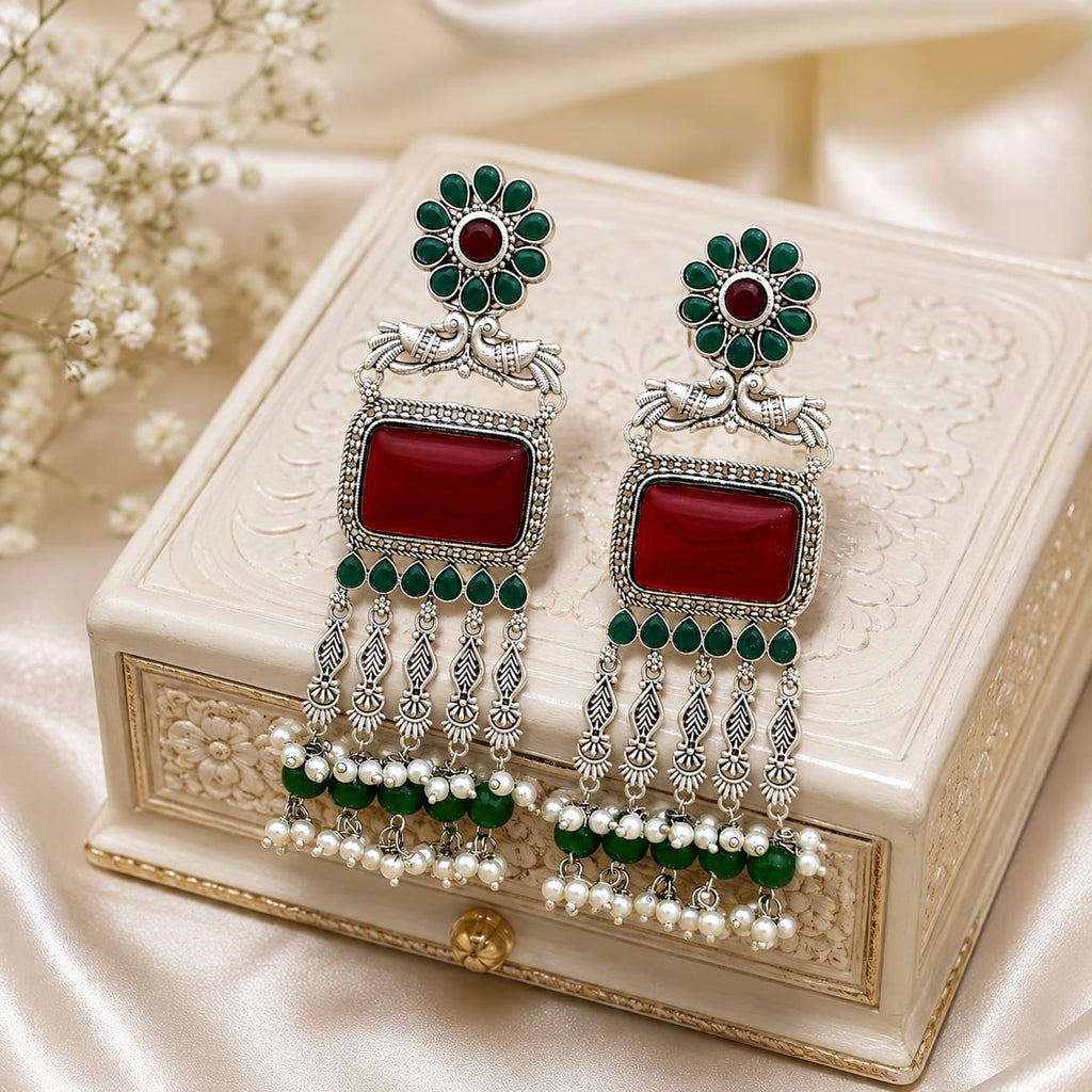 Oxidised Silver Peacock Chandbali with Red Onyx & Emerald Pearl Drops