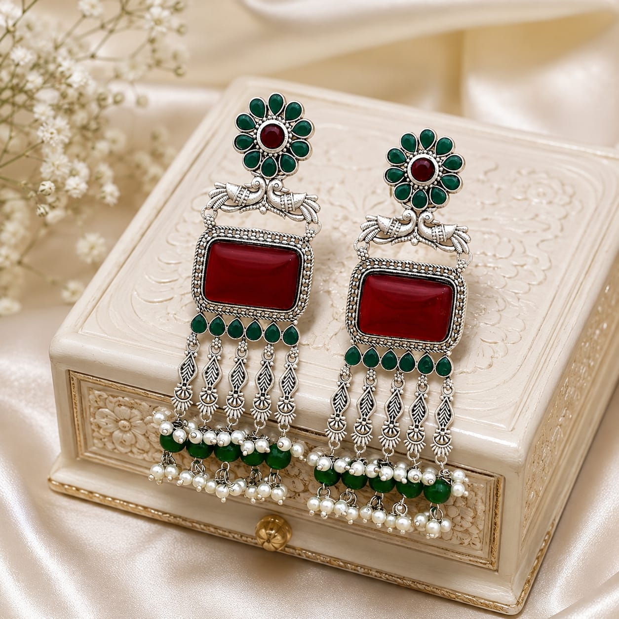Oxidised Silver Peacock Chandbali with Red Onyx & Emerald Pearl Drops
